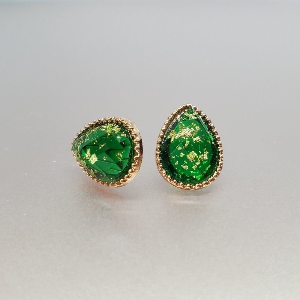 Green And Gold Teardrop Stud Earrings